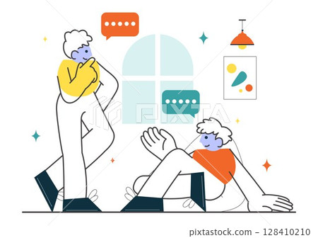 Social Interaction Vector Illustration Featuring Mobile Social Communication with Friendly Conversations and Audience Engagement in a Background 128410210