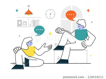 Social Interaction Vector Illustration Featuring Mobile Social Communication with Friendly Conversations and Audience Engagement in a Background 128410211