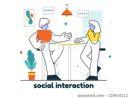 Social Interaction Vector Illustration Featuring Mobile Social Communication with Friendly Conversations and Audience Engagement in a Background 128410212