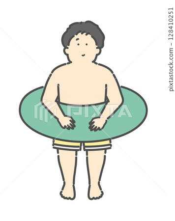 男孩穿泳衣插畫 兒童泳池浮圈 128410251