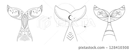 Whale tail with water splash circles stars and moon line sketch minimal geometric tattoo set. Mermaid or ocean mammal with waves vintage. 128410308