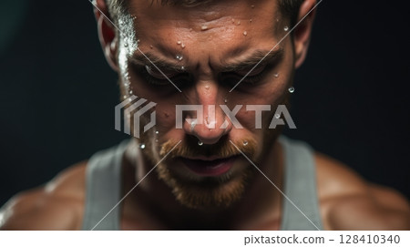 Beads of sweat rolling down a man 128410340