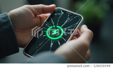 Person charging mobile phone with broken glass screen 128410349
