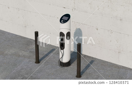 Electric Vehicle Charging Station. 3D Rendering. Electric Vehicle Charging Station. 3D Rendering. 128410371