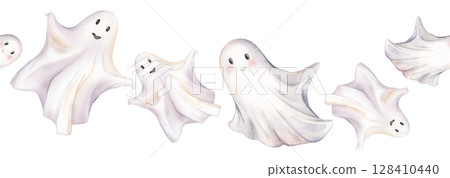 Seamless border or banner for Halloween with cute ghosts on an isolated background. Hand drawn watercolor illustration for kids. Perfect for decorations, cards, and crafts. 128410440