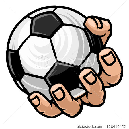 Mascot Person Hand Holding Soccer Football Ball 128410452