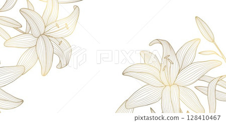 Vector flower gold line background, plant spring blossom corners, leaves floral lily frame. Chinese, japanese oriental nature border. Vector flower gold line background, plant spring blossom corners, leaves floral lily frame. Chinese, japanese oriental nature border. 128410467