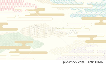 16:9 background material: misty cloud-shaped landscape with traditional Japanese patterns 16:9 background material: misty cloud-shaped landscape with traditional Japanese patterns 128410607