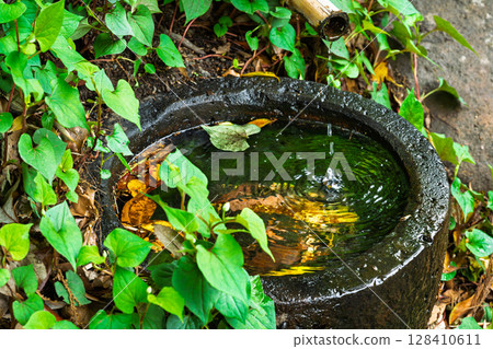 (Water and leaves in a stoneware pot) Surrounded by lush green mountains, Kurokawa Onsenkyo is home to 30 inns in Minamioguni Town, Aso District, Kumamoto Prefecture. (Water and leaves in a stoneware pot) Surrounded by lush green mountains, Kurokawa Onsenkyo is home to 30 inns in Minamioguni Town, Aso District, Kumamoto Prefecture. 128410611