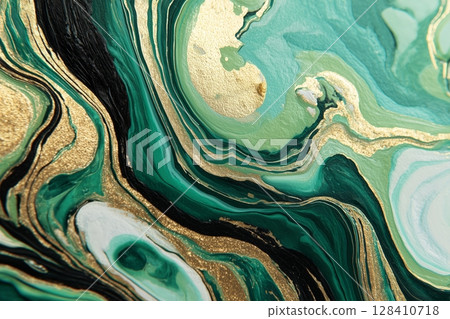 Swirling Green and Gold Abstract Artwork Showcases Fluid Patterns and Textures 128410718