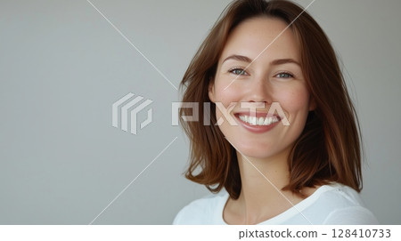 Smiling Young Woman With Medium Brown Hair Posing Against a Neutral Background Showcasing Natural Beauty and Confidence 128410733