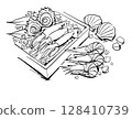 Fresh squid, shrimp, turban and scallop seafood line drawing illustration 128410739