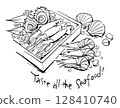 Fresh squid, shrimp, turban and scallop seafood line drawing illustration with English letters 128410740