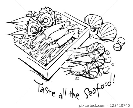 鮮魷魚、蝦、頭巾及扇貝海鮮線描插圖，附英文字母 128410740