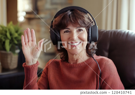Smiling Woman Wearing Headphones Waves While Sitting in Cozy Living Room Space 128410741