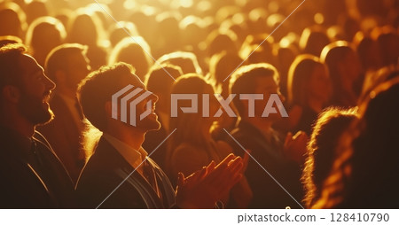 Audience Enjoys Performance During a Vibrant Evening Event With Warm Lighting and Enthusiastic Reactions 128410790
