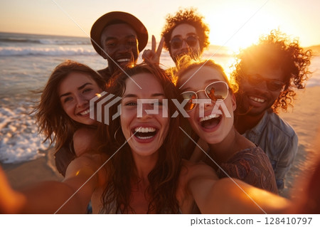 Group of Friends Enjoying Sunset at Beach and Capturing Memories With a Selfie 128410797