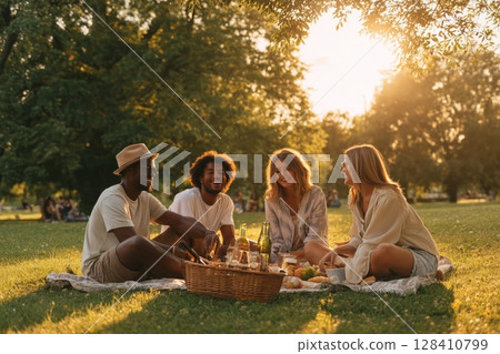Friends Enjoying a Picnic in a Park During Sunset Surrounded by Trees and Laughter 128410799