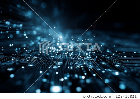 Digital Connection Through Glowing Circuits and Data Streams in a High-Tech Environment 128410821