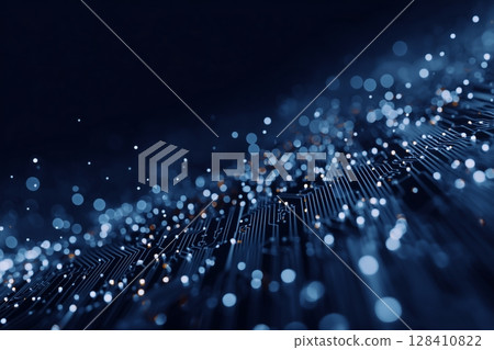 Blue Abstract Background With Glowing Dots and Intricate Circuit Patterns Illuminated in a Digital Landscape 128410822