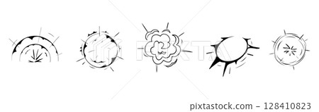 Explosion effect comic manga line sketch horizontal set. Motion anime explode, radial action burst. Round explosions cloud silhouette. 128410823