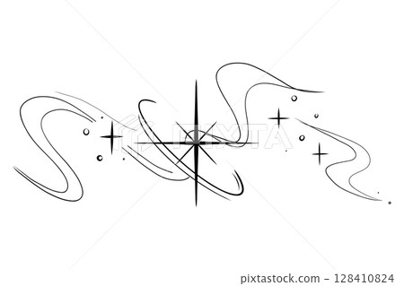 Abstract y2k line star, tattoo aesthetic doodle or sketch. Sparkle swirl silhouette line light, move, trail. Retro space orbit geometric  128410824