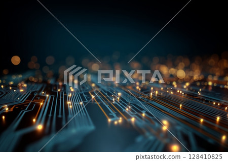 Circuit Board With Glowing Lights and Intricate Patterns Shows Technology at Night 128410825