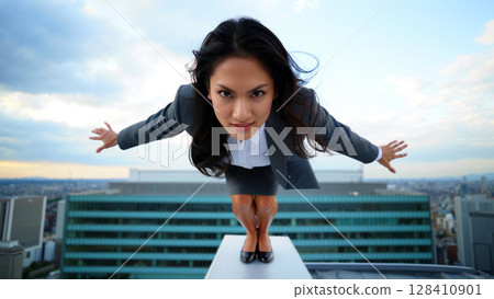 Businesswoman Striking a Power Pose on Skyscraper Rooftop During Twilight Hours in the City 128410901