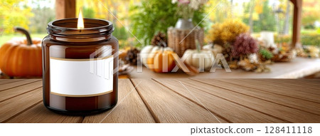 An amber glass jar with a blank label sits on a table, surrounded by autumn decor, creating a cozy, welcoming vibe 128411118