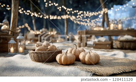 Eerie Halloween night filled with flickering lanterns and carved pumpkins surrounded by mist, creating an enchanting and haunting mood 128411120