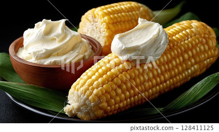 Yellow corn rests on a slate board accompanied by butter cubes and fresh green herbs, showcasing vibrant colors and textures 128411125