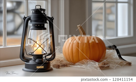 Glow of a pumpkin lantern, spider accent, and open candle jar create a festive Halloween atmosphere with rich colors 128411154