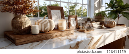 Countertop features pumpkins and candles, complemented by warm tones and fall decor on shelves above, enhancing a cozy autumn atmosphere 128411159