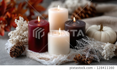 Dark red candles glow on a gothic table adorned with pumpkins, spider webs, and vampire-themed decorations for Halloween festivities Dark red candles glow on a gothic table adorned with pumpkins, spider webs, and vampire-themed decorations for Halloween festivities 128411160