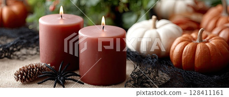 Dark red candles glow on a gothic table adorned with pumpkins, spider webs, and vampire-themed decorations for Halloween festivities Dark red candles glow on a gothic table adorned with pumpkins, spider webs, and vampire-themed decorations for Halloween festivities 128411161