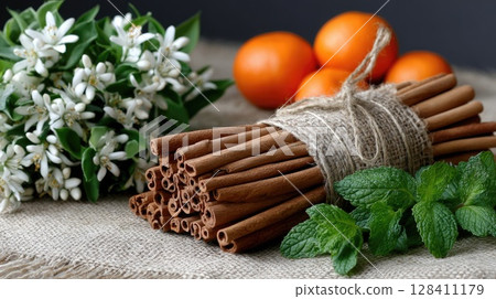 Cinnamon sticks are tied with twine alongside vibrant citrus fruits and fresh mint leaves, complemented by a bouquet of orange blossoms 128411179