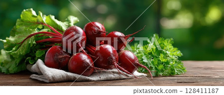Freshly harvested beets resting on a rustic wooden table, illuminated by sunlight in a lush garden, highlighting organic farming 128411187