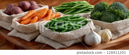 Bright green vegetables are gathered in a burlap sack on a rustic wooden table, complemented by garlic and potatoes in the background 128411201