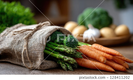 Bright green vegetables are gathered in a burlap sack on a rustic wooden table, complemented by garlic and potatoes in the background 128411202