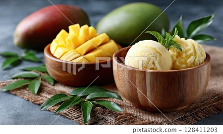 A wooden bowl holds ripe mangoes alongside a jar of mango puree, highlighting tropical freshness on a sunlit table 128411203