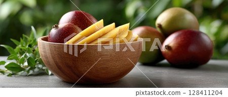 A wooden bowl holds ripe mangoes alongside a jar of mango puree, highlighting tropical freshness on a sunlit table 128411204