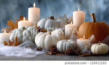 Candles glow softly beside decorative pumpkins and spider webs, setting a spooky Halloween ambiance in a dark blue backdrop 128411283