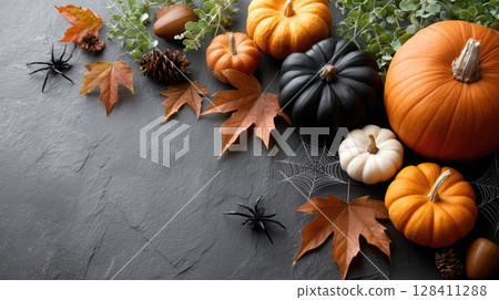 Pumpkins in various colors alongside autumn leaves and spider webs make an inviting Halloween setting on a dark surface 128411288
