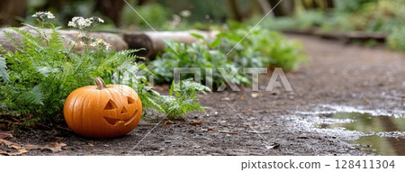 A beautifully carved Halloween pumpkin sits on a dark forest path, illuminated by rain, creating a warm and inviting ambiance 128411304