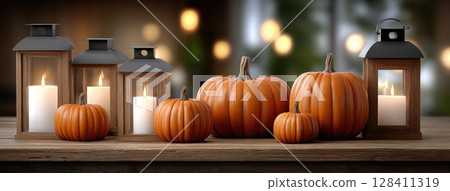 Candles flicker beside carved pumpkins on a rustic table, setting a mysterious mood perfect for Halloween celebrations and decorations 128411319