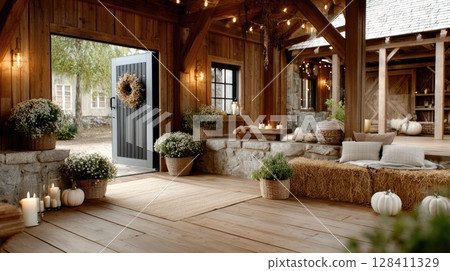 Cozy barn adorned with autumn decorations, featuring hay bales and pumpkins, setting a warm, inviting atmosphere for fall celebrations 128411329