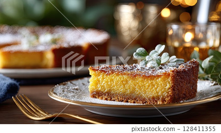 Indulging in a slice of pumpkin pie, topped with powdered sugar, resting on a rustic wooden table beside a fork 128411355