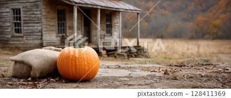 A carved pumpkin grins with its jack-o-lantern face, casting a warm glow in front of an old house on a dark Halloween night 128411369