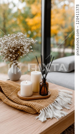Embrace comfort with soft knitted blankets, glowing candles, and dried orange slices, creating a tranquil and warm environment 128411378