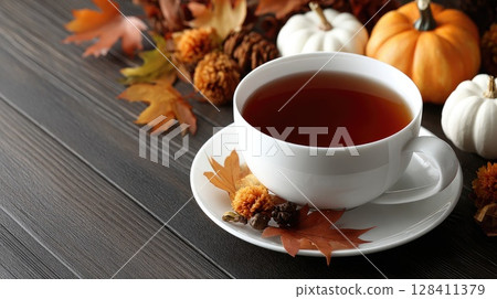 Enjoy a warm cup of tea accompanied by sugar cookies, pumpkins, and fall leaves, creating a delightful autumn atmosphere 128411379